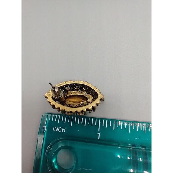 Vintage Amber Glass Marquise Stone Brass Tone Post Earrings - Picture 2 of 16